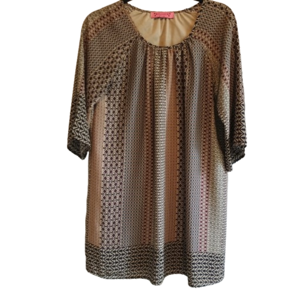 Almost Pink Geometric Print Dress Size M Made in USA 3/4 Sleeve Lined Boho Retro
